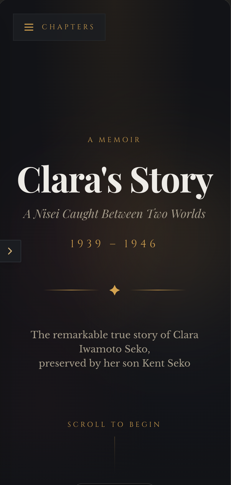 Supplied phone screenshot of the Clara’s Story digital memoir opening.