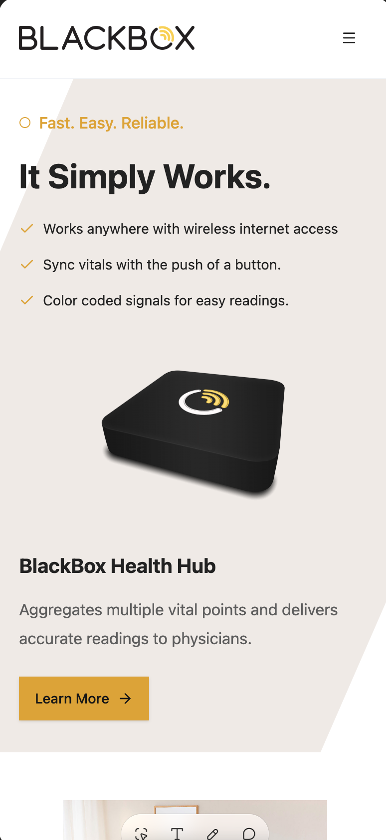 Supplied phone screenshot of the BlackBox RPM homepage and its product introduction.