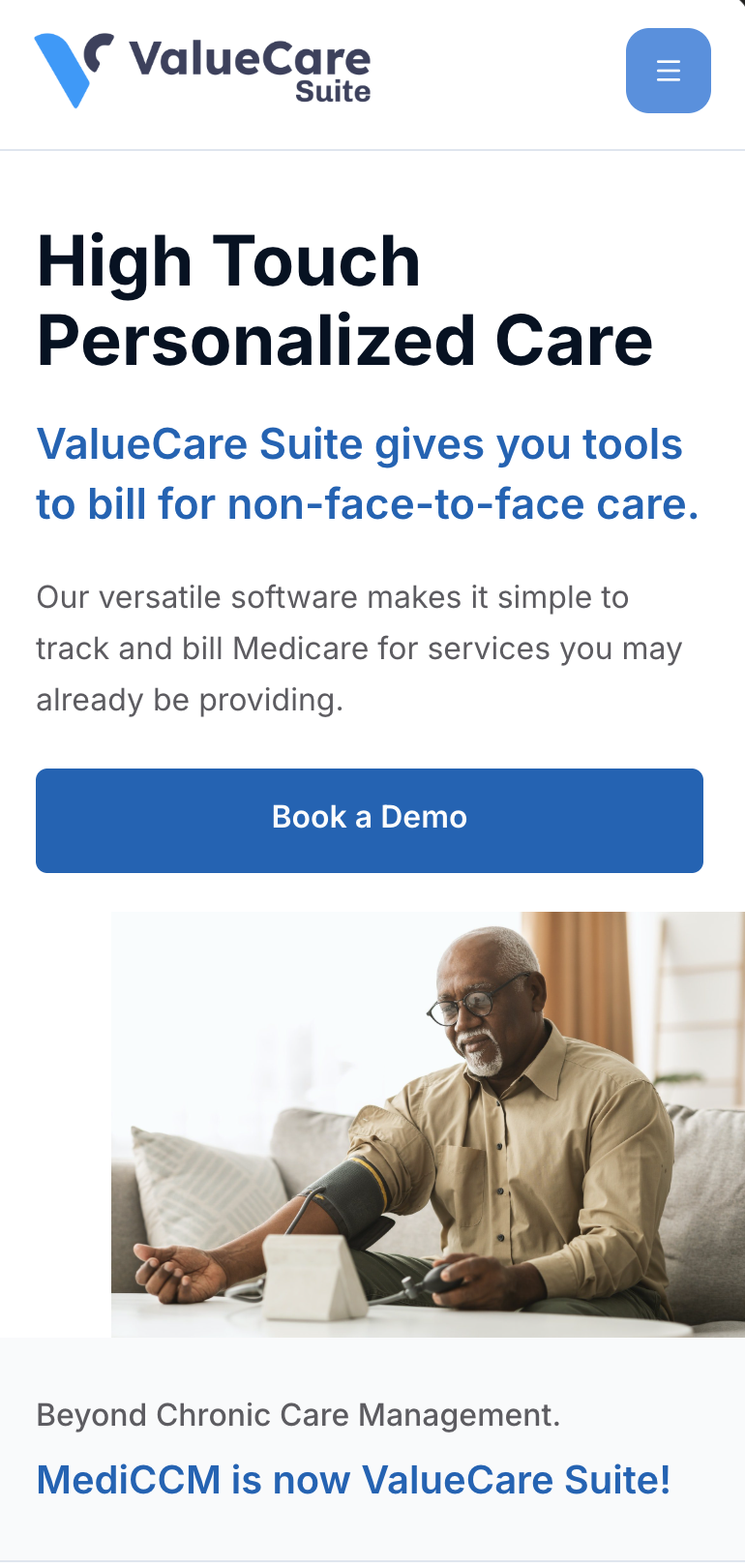 Supplied phone screenshot of ValueCare Suite’s public homepage.