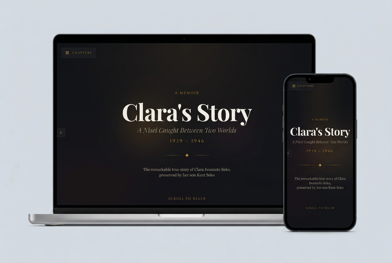 Ancestor Stories project, Clara’s Story, displayed on a silver laptop and a mobile phone.