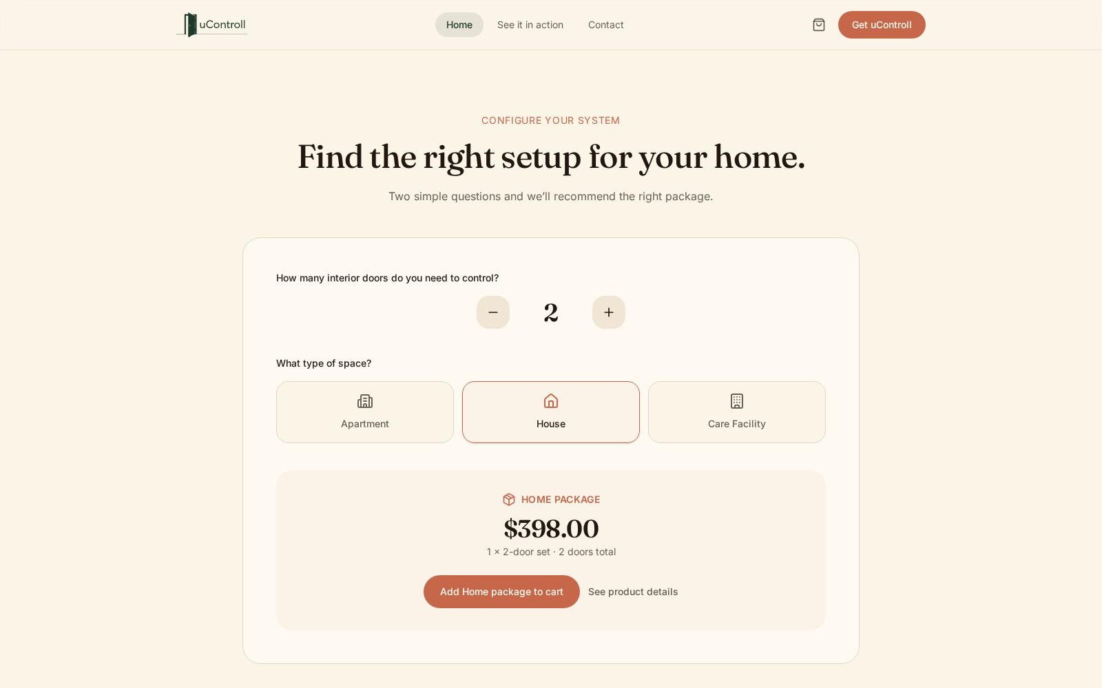uControll configurator asking how many interior doors to control and what type of space, recommending the 398 dollar Home Package.