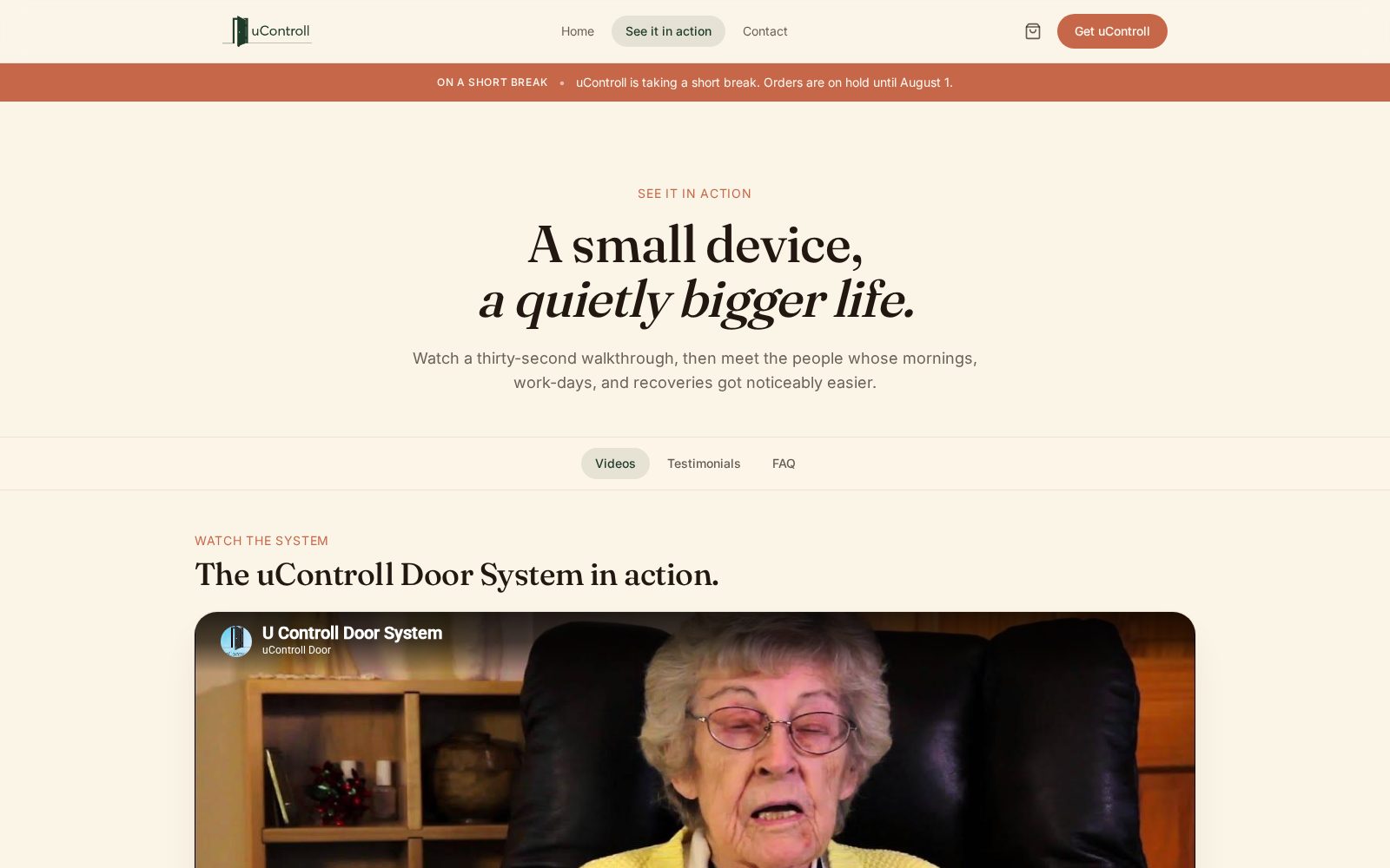 uControll See it in action page with the headline A small device, a quietly bigger life, and tabs for videos, testimonials, and FAQ.