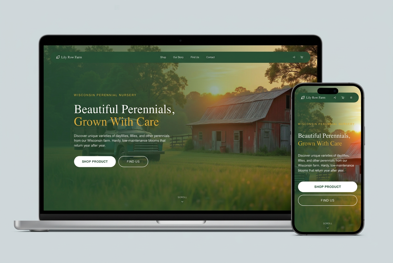 Lily Row Farm website displayed on a silver laptop and a mobile phone.