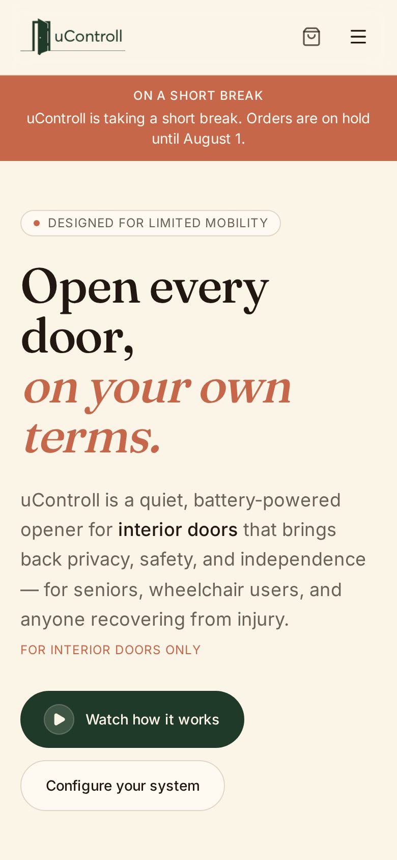 uControll home page on a phone with the headline, description, and stacked Watch how it works and Configure your system buttons.