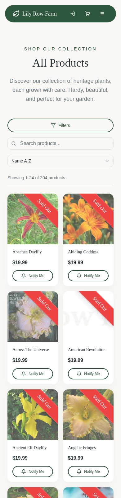 Lily Row Farm shop on a phone, showing plant listings with Sold Out ribbons and Notify Me buttons.