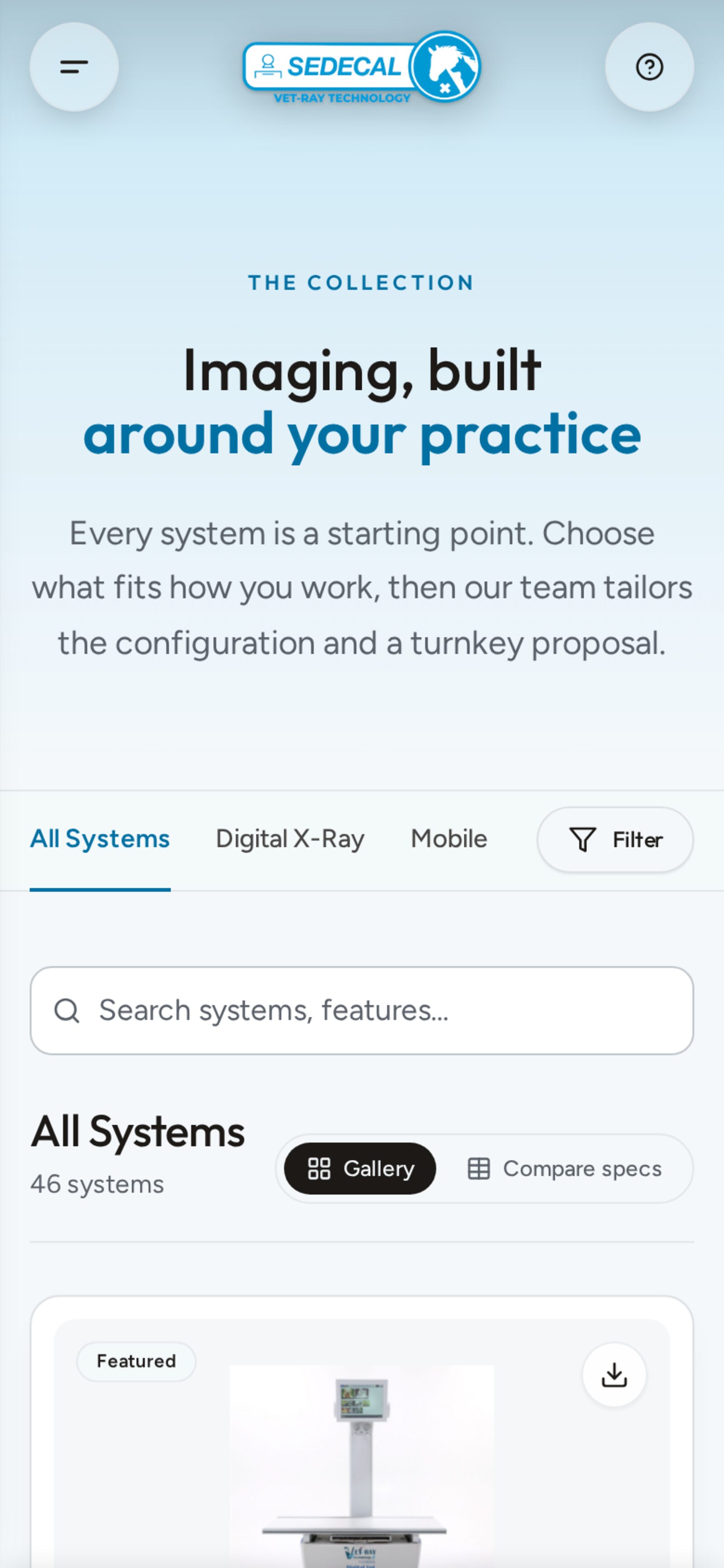 Vet-Ray systems page on a phone with category tabs, a Filter button, and a search box.