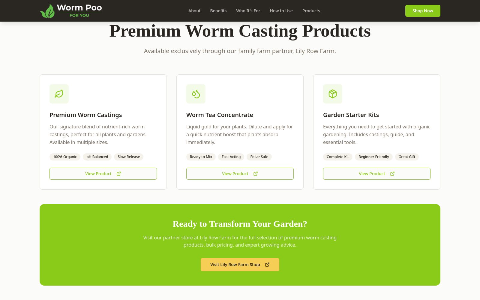 Worm Poo For You products section with three product cards and a call to visit the Lily Row Farm shop.