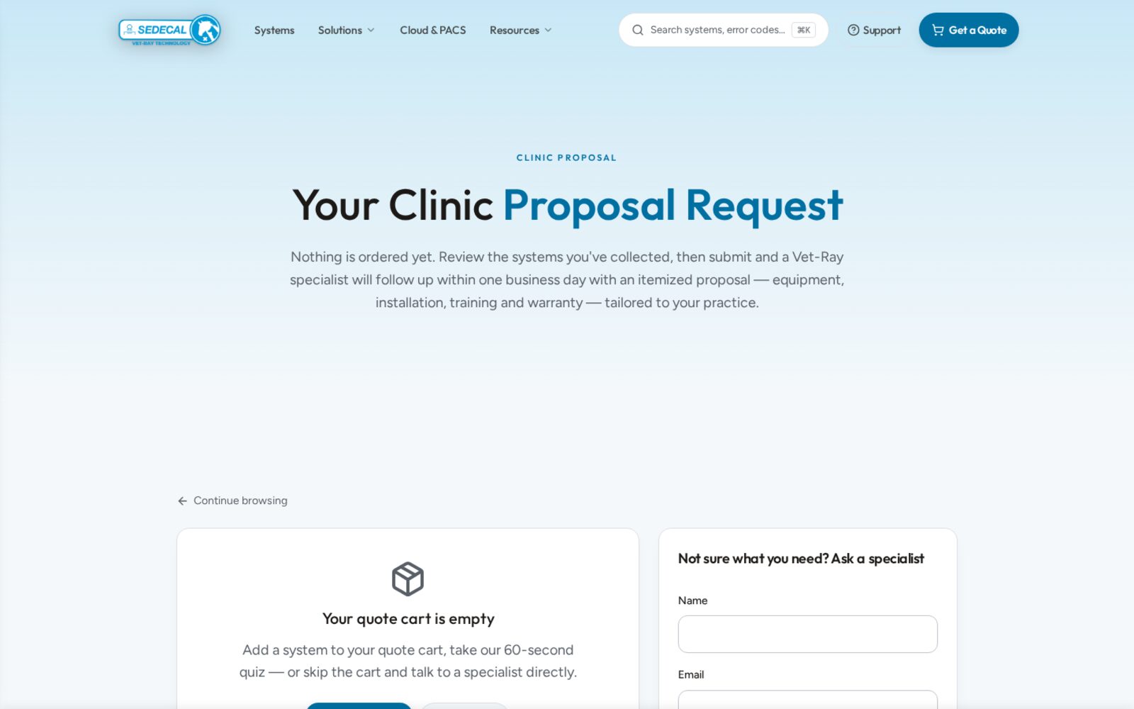 Vet-Ray clinic proposal request page explaining that nothing is ordered yet, with a quote cart and an Ask a specialist form.