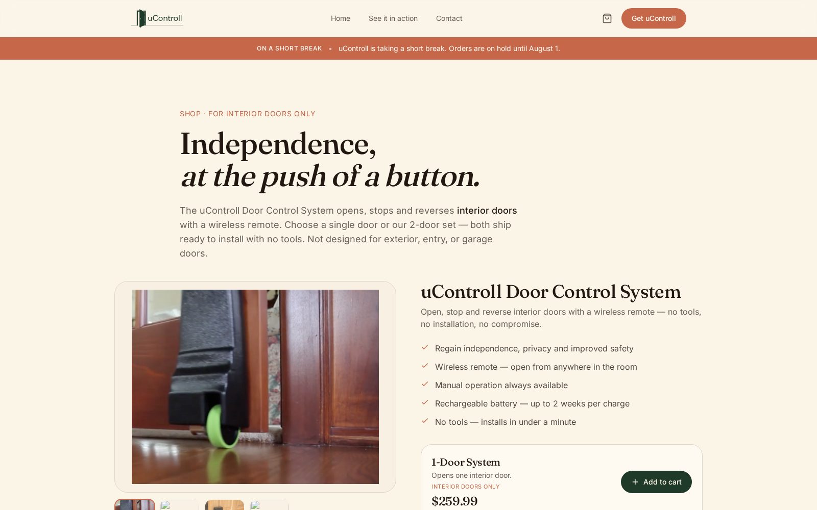 uControll shop page with the headline Independence at the push of a button, product photos, and a feature list for the 1-Door System.