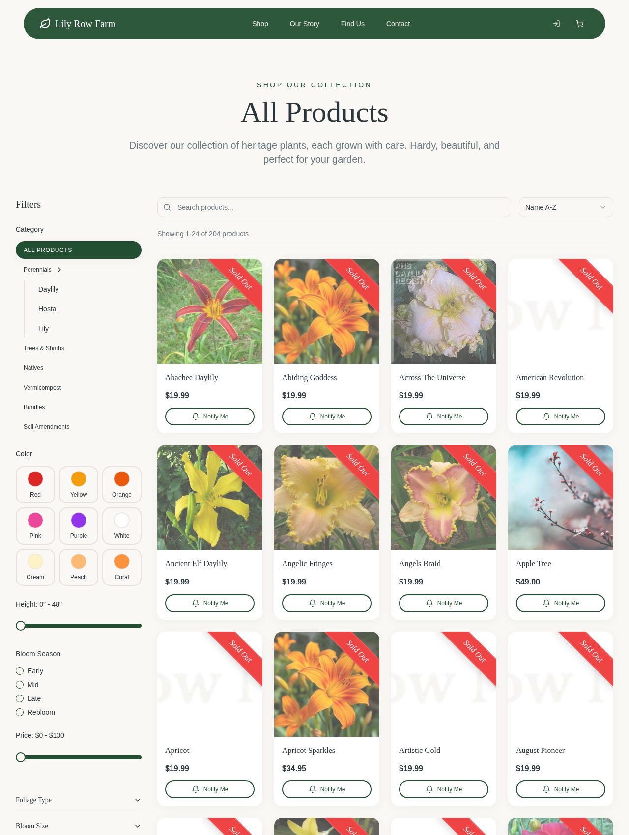 Lily Row Farm shop with category, color, height, bloom season, and price filters beside a grid of daylily listings.