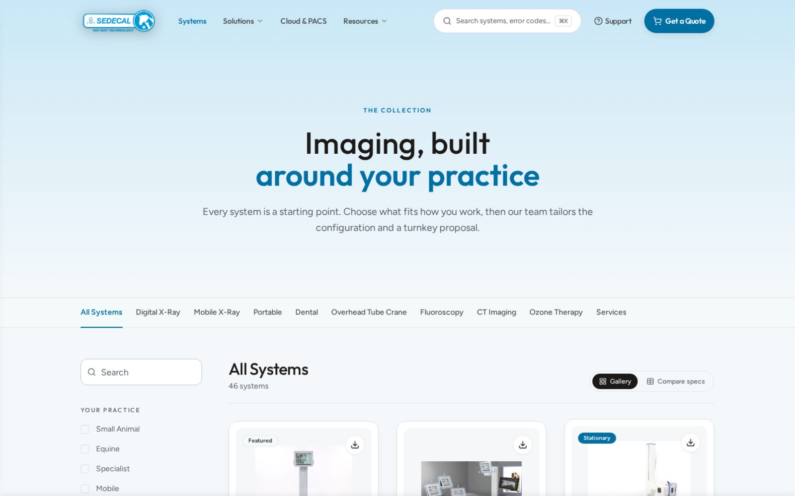 Vet-Ray systems page with category tabs, a search box, practice filters, and Gallery and Compare specs options.
