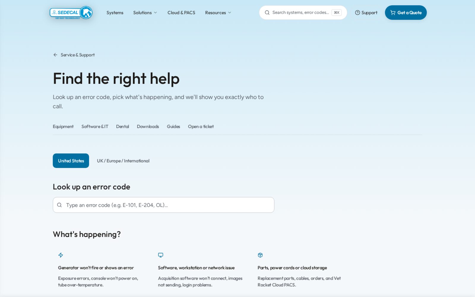 Vet-Ray Find the right help page with region choice, an error code lookup, and options for what is happening.