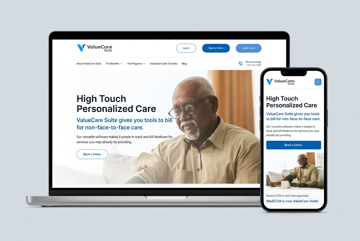 ValueCare Suite website displayed on a silver laptop and a mobile phone.
