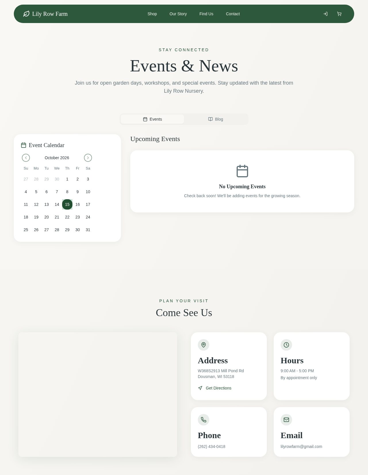 Lily Row Farm Events and News page with an event calendar, and address, hours, phone, and email cards under Come See Us.